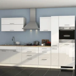 Küchenzeile Ragnar 320cm mit Platz für Kühlschrank und Backofen - hochglänzend weiß