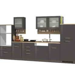 Küchenzeile Ragnar 340cm mit Platz für Backofen, Mikrowelle, Geschirrspüler und Kühlschrank - Hochglanz anthrazit