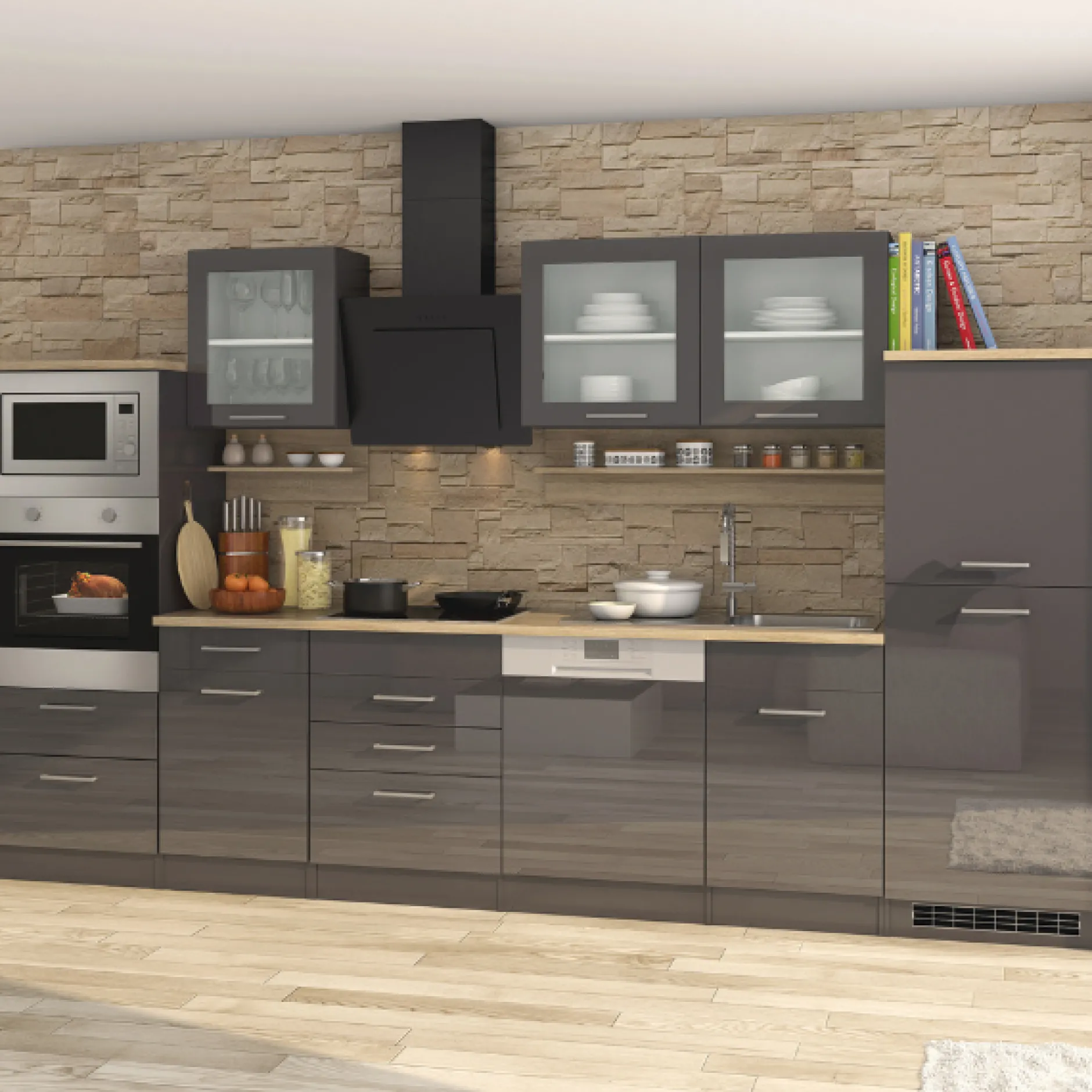 Küchenzeile Ragnar 340cm mit Platz für Backofen, Mikrowelle, Geschirrspüler und Kühlschrank - Hochglanz anthrazit