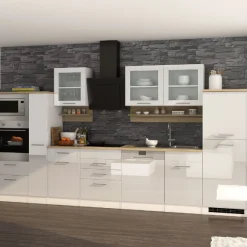 Küchenzeile Ragnar 370cm mit Platz für Backofen, Mikrowelle, Geschirrspüler und Kühlschrank - hochglänzend weiß