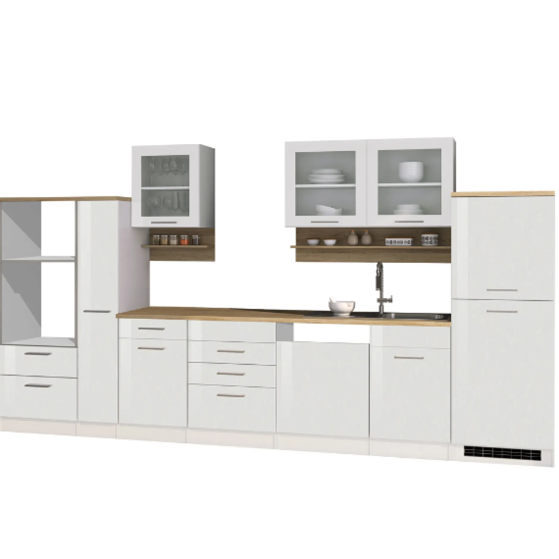 Küchenzeile Ragnar 370cm mit Platz für Backofen, Mikrowelle, Geschirrspüler und Kühlschrank - hochglänzend weiß