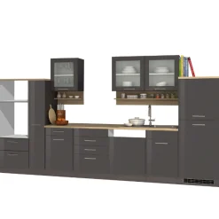Küchenzeile Ragnar 370cm mit Platz für Backofen, Mikrowelle, Geschirrspüler und Kühlschrank - Hochglanz anthrazit