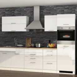 Küchenzeile Ragnar 290cm mit Platz für Kühlschrank und Backofen - Hochglanz weiß