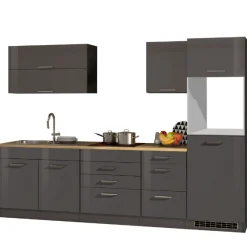 Küchenzeile Ragnar 290cm mit Platz für Kühlschrank und Backofen - Hochglanz anthrazit