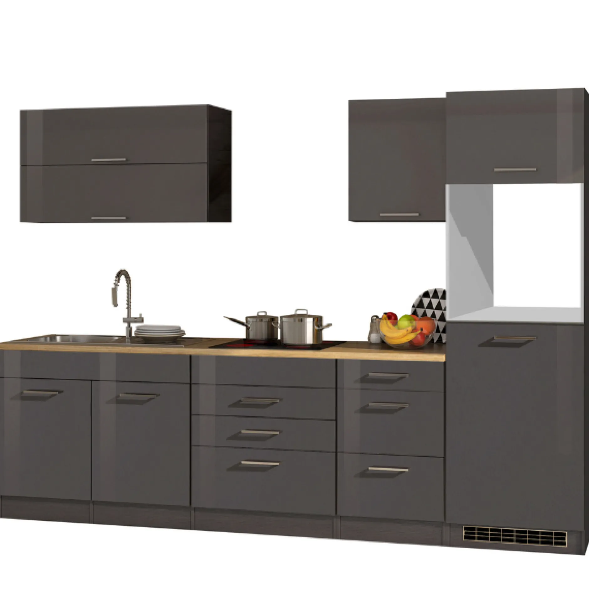 Küchenzeile Ragnar 290cm mit Platz für Kühlschrank und Backofen - Hochglanz anthrazit