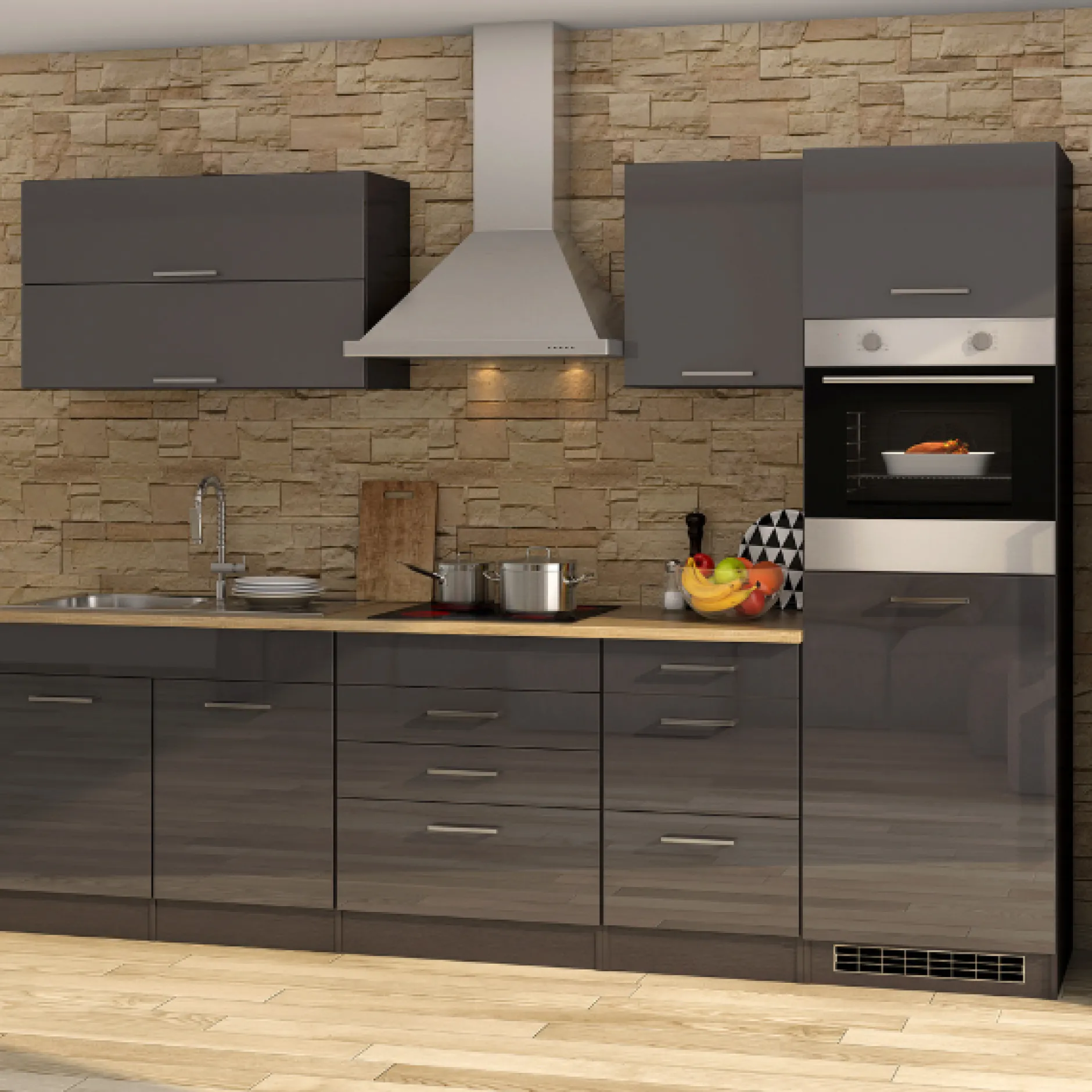 Küchenzeile Ragnar 290cm mit Platz für Kühlschrank und Backofen - Hochglanz anthrazit