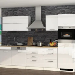 Küchenzeile Ragnar 300cm mit Platz für Geschirrspüler, Kühlschrank und Backofen - hochglänzend weiß