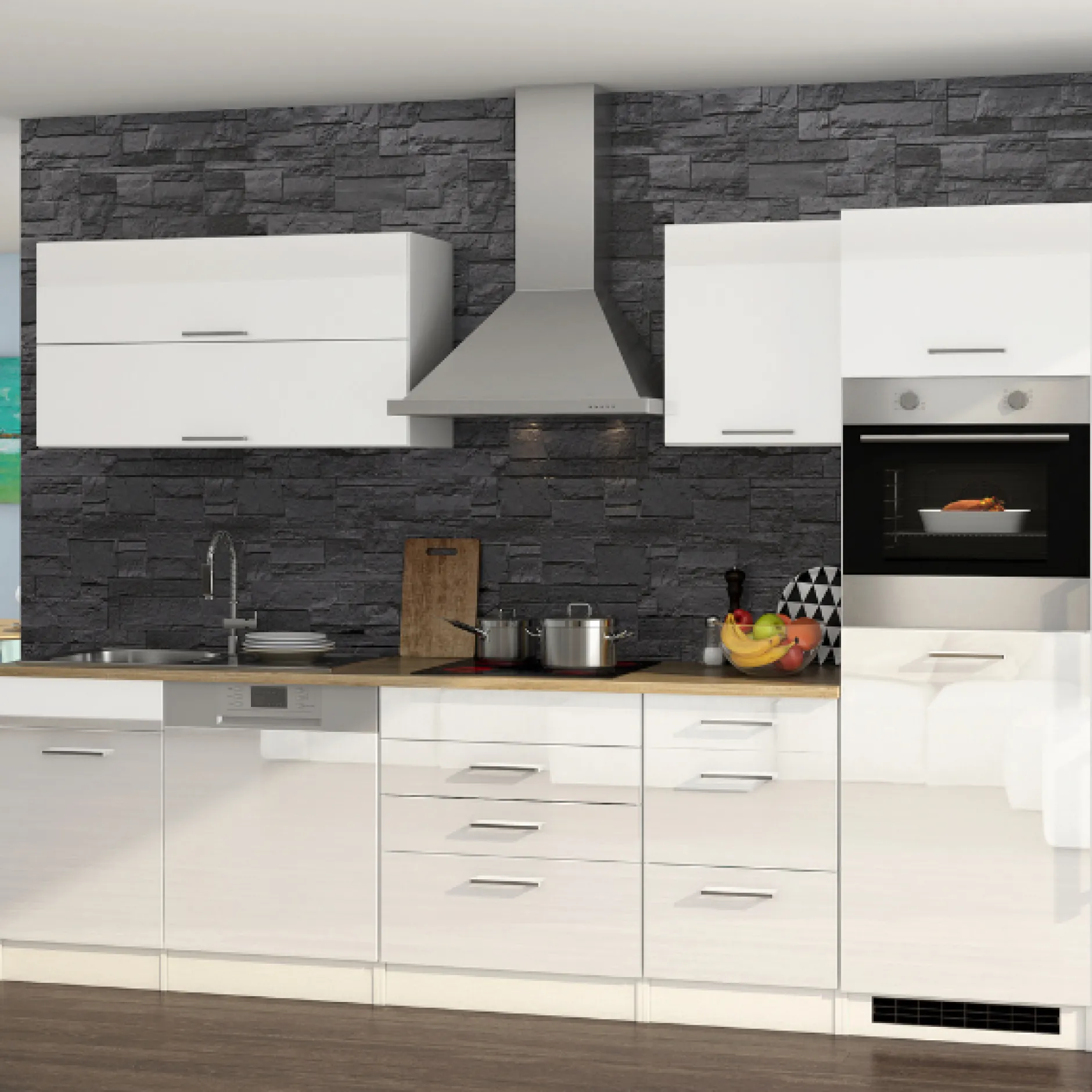 Küchenzeile Ragnar 300cm mit Platz für Geschirrspüler, Kühlschrank und Backofen - hochglänzend weiß