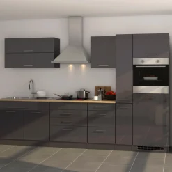 Küchenzeile Ragnar 320cm mit Platz für Kühlschrank und Backofen - Hochglanz anthrazit