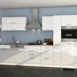 Küchenzeile Ragnar 330cm mit Platz für Kühlschrank, Backofen und Geschirrspüler - hochglänzend weiß
