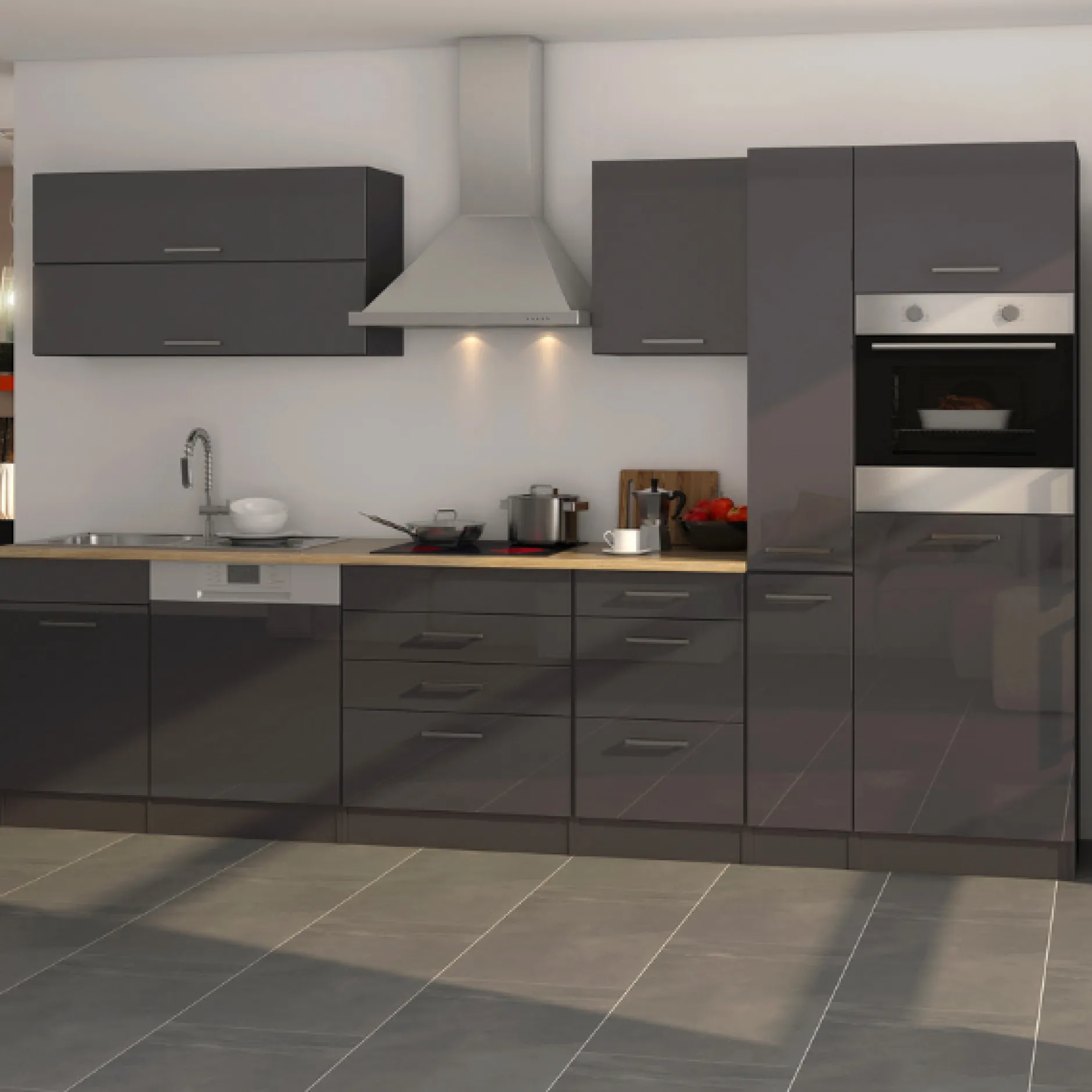 Küchenzeile Ragnar 330cm mit Platz für Kühlschrank, Backofen und Geschirrspüler - Hochglanz anthrazit