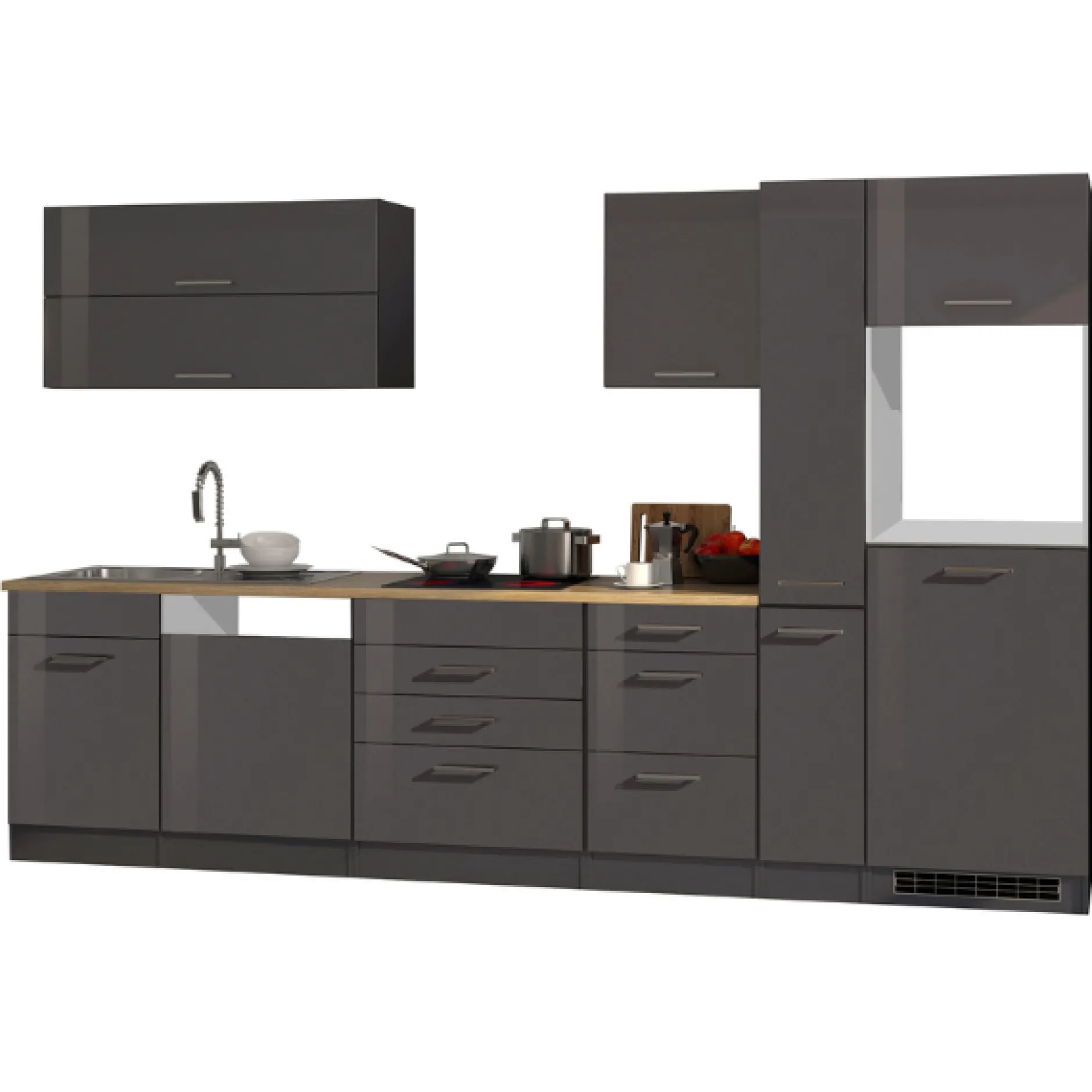 Küchenzeile Ragnar 330cm mit Platz für Kühlschrank, Backofen und Geschirrspüler - Hochglanz anthrazit