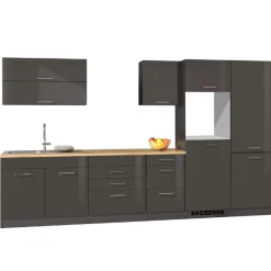 Küchenzeile Ragnar 350cm mit Platz für Kühl-Gefrierkombination und Backofen - Hochglanz anthrazit