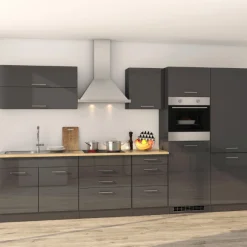 Küchenzeile Ragnar 350cm mit Platz für Kühl-Gefrierkombination und Backofen - Hochglanz anthrazit