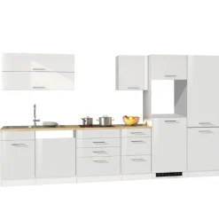 Küchenzeile Ragnar 360cm mit Platz für Kühl-Gefrierkombination, Backofen und Geschirrspüler - Hochglanz weiß