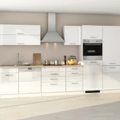 Küchenzeile Ragnar 360cm mit Platz für Kühl-Gefrierkombination, Backofen und Geschirrspüler - Hochglanz weiß