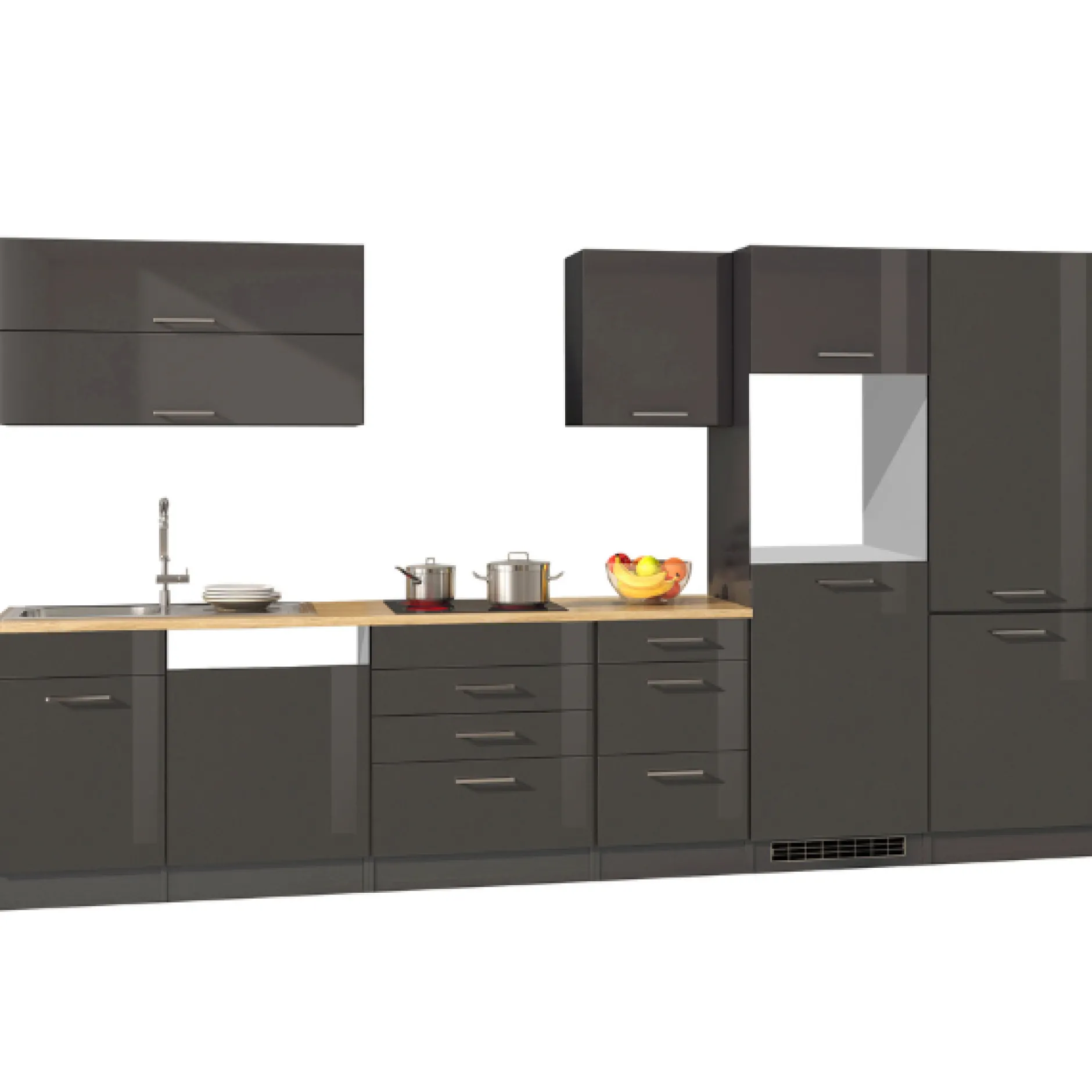 Küchenzeile Ragnar 360cm mit Platz für Kühl-Gefrierkombination, Backofen und Geschirrspüler - Hochglanz anthrazit