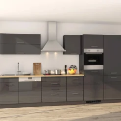 Küchenzeile Ragnar 360cm mit Platz für Kühl-Gefrierkombination, Backofen und Geschirrspüler - Hochglanz anthrazit