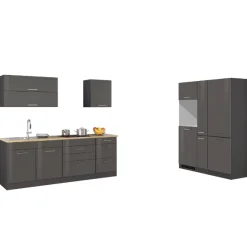 Küchenzeile Ragnar 380cm mit Platz für Kühl-Gefrierkombination und Backofen - Hochglanz anthrazit