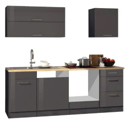 Küchenzeile Ragnar 220cm mit Platz für Backofen und Geschirrspüler - Hochglanz anthrazit