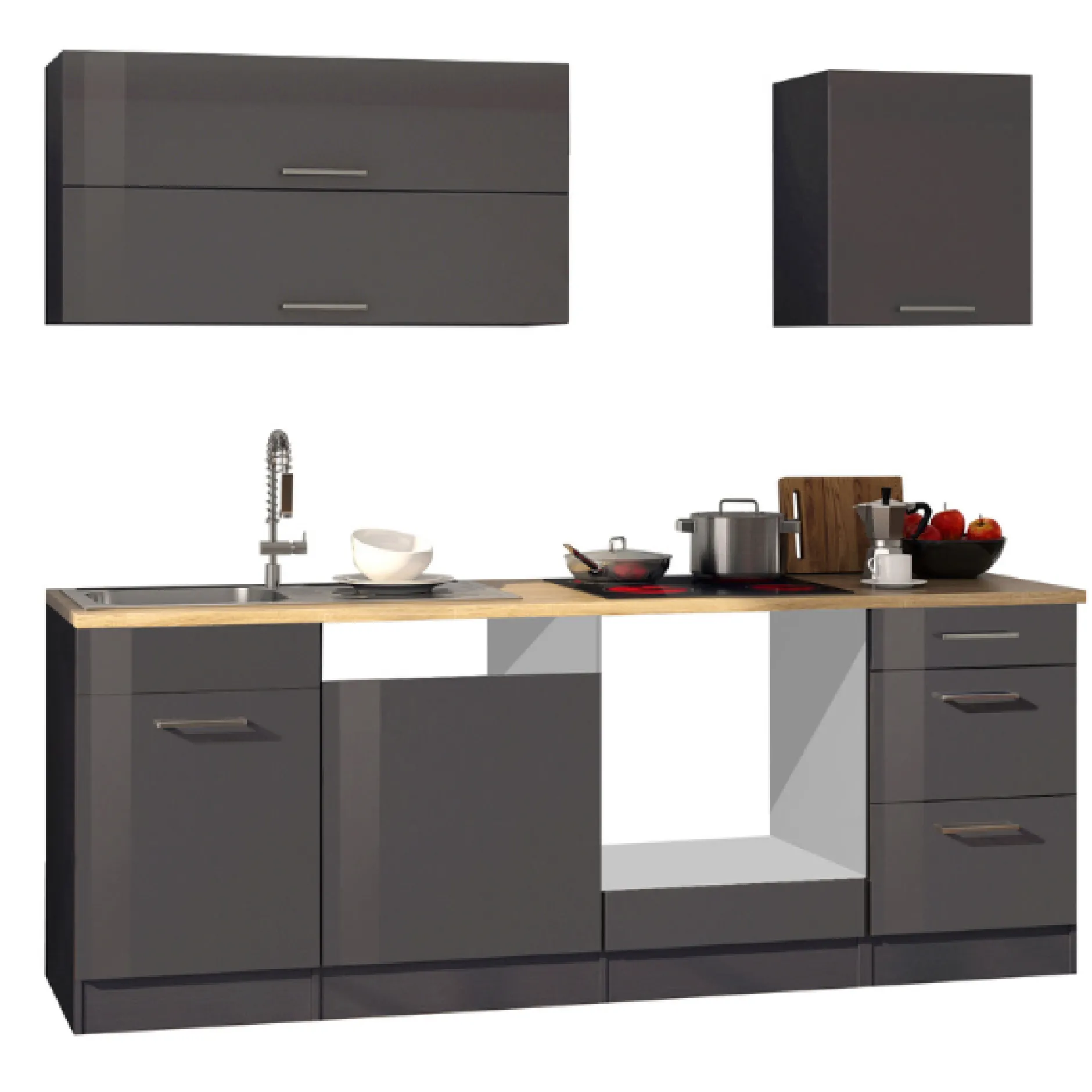 Küchenzeile Ragnar 220cm mit Platz für Backofen und Geschirrspüler - Hochglanz anthrazit