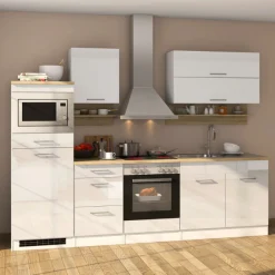 Küchenzeile Ragnar 270cm mit Platz für Mikrowelle, Kühlschrank und Backofen - hochglänzend weiß