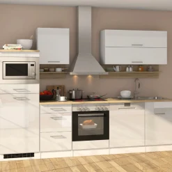 Küchenzeile Ragnar 280cm mit Platz für Mikrowelle, Kühlschrank, Backofen und Geschirrspüler - Hochglanz weiß