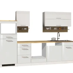 Küchenzeile Ragnar 280cm mit Platz für Mikrowelle, Kühlschrank, Backofen und Geschirrspüler - Hochglanz weiß
