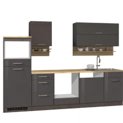 Küchenzeile Ragnar 280cm mit Platz für Mikrowelle, Kühlschrank, Backofen und Geschirrspüler - anthrazit hochglanz