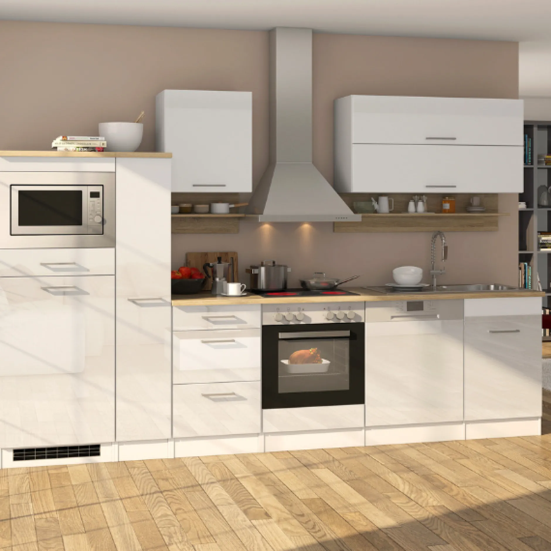 Küchenzeile Ragnar 310cm mit Platz für Mikrowelle, Kühlschrank, Backofen und Geschirrspüler - Hochglanz weiß