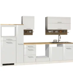 Küchenzeile Ragnar 310cm mit Platz für Mikrowelle, Kühlschrank, Backofen und Geschirrspüler - Hochglanz weiß