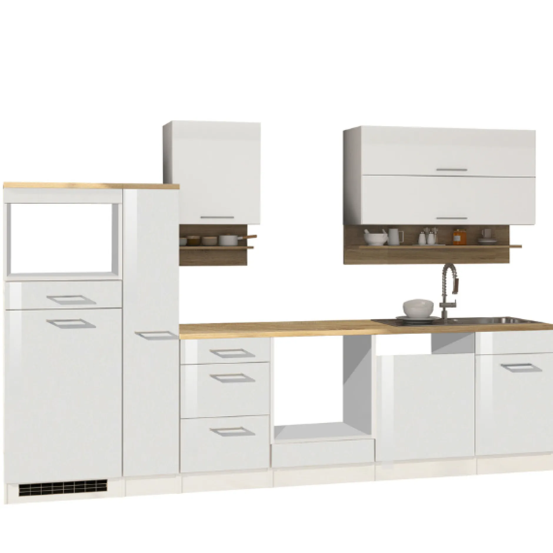 Küchenzeile Ragnar 310cm mit Platz für Mikrowelle, Kühlschrank, Backofen und Geschirrspüler - Hochglanz weiß