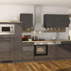 Küchenzeile Ragnar 310cm mit Platz für Mikrowelle, Kühlschrank, Backofen und Geschirrspüler - anthrazit hochglanz