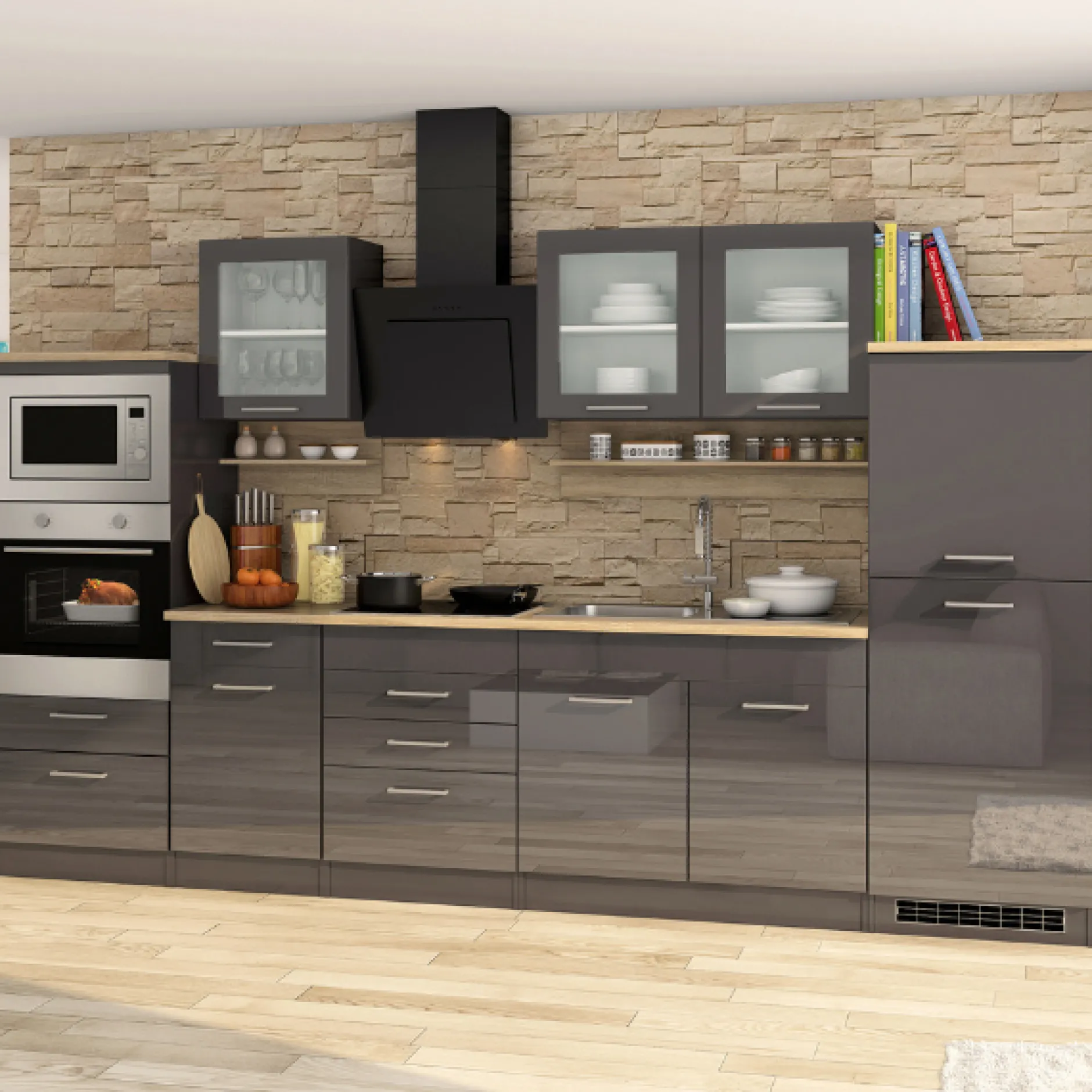 Küchenzeile Ragnar 330cm mit Platz für Backofen, Mikrowelle und Kühlschrank - Hochglanz anthrazit
