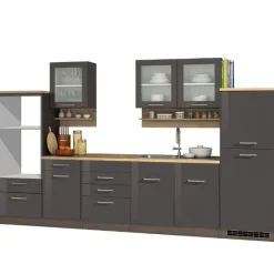 Küchenzeile Ragnar 330cm mit Platz für Backofen, Mikrowelle und Kühlschrank - Hochglanz anthrazit