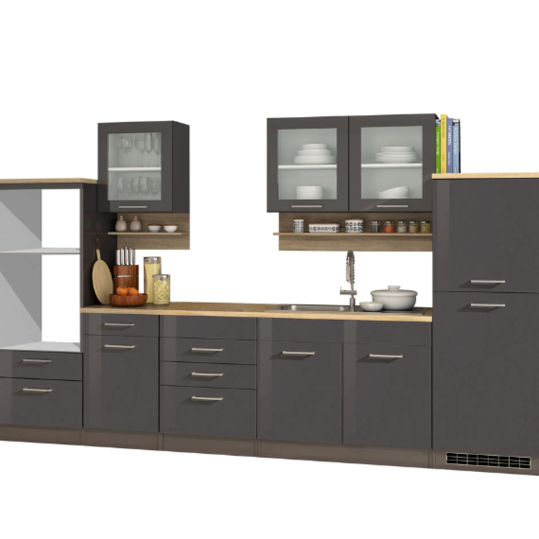 Küchenzeile Ragnar 330cm mit Platz für Backofen, Mikrowelle und Kühlschrank - Hochglanz anthrazit