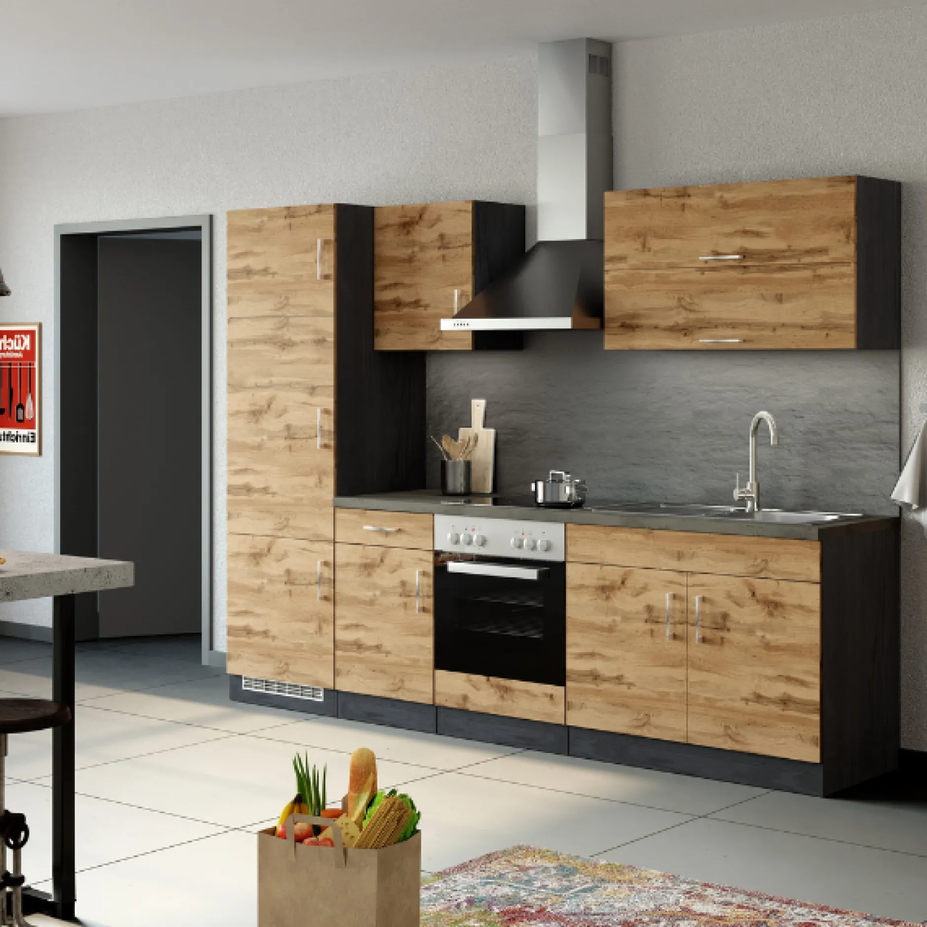 Küchenzeile Sorrella 270cm mit Backofen und Kühlschrank - Eiche/Graphit