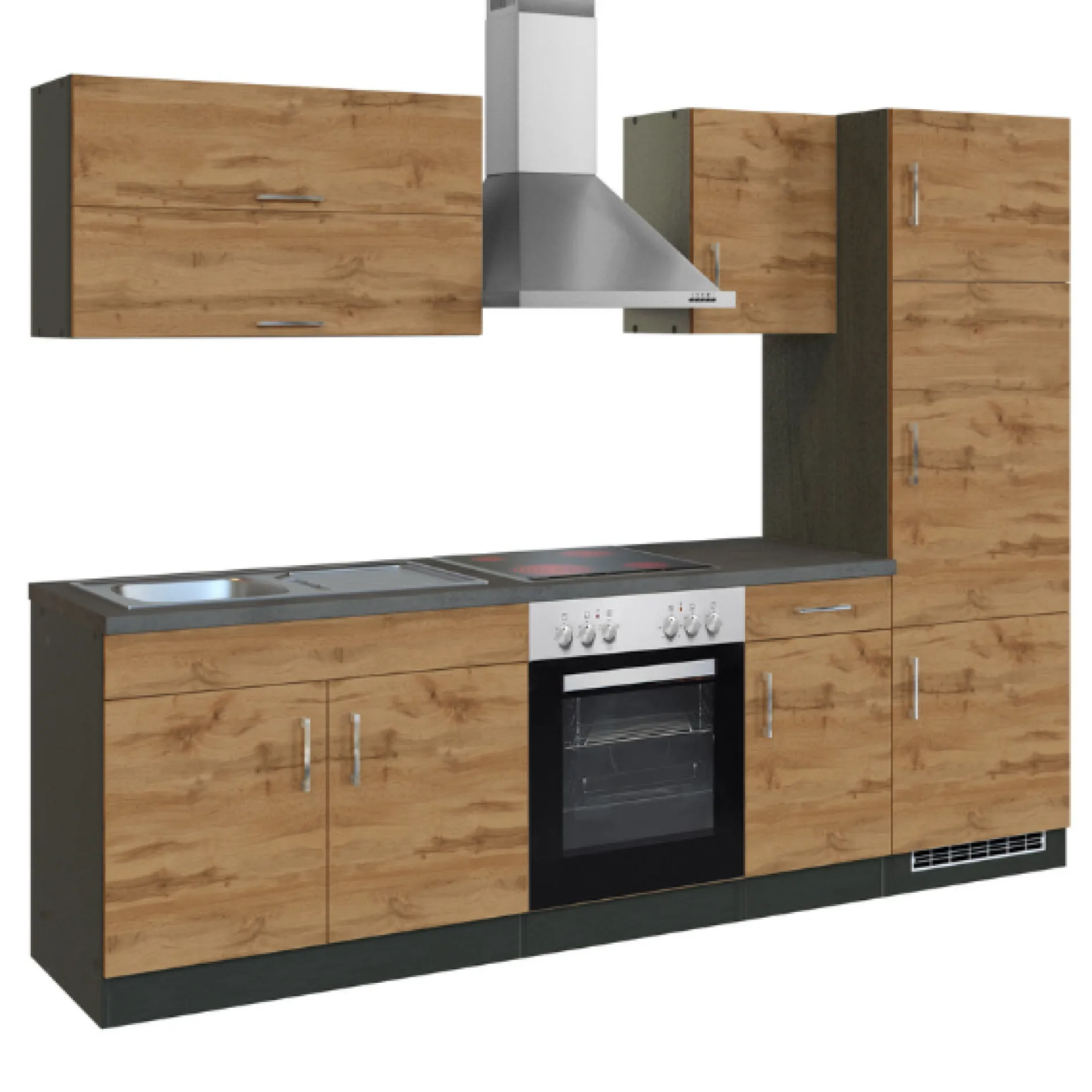 Küchenzeile Sorrella 270cm mit Backofen und Kühlschrank - Eiche/Graphit