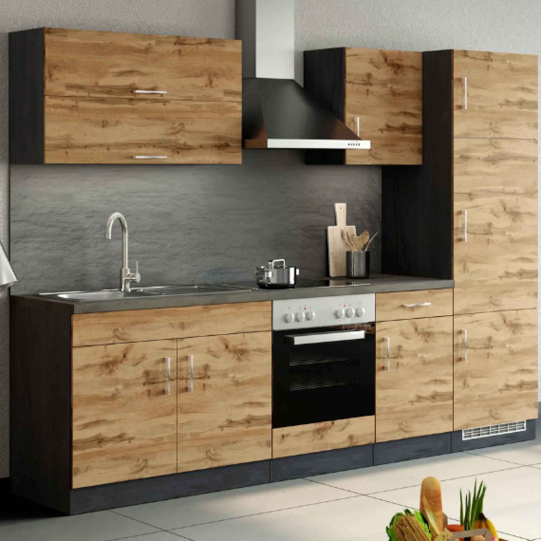 Küchenzeile Sorrella 270cm mit Backofen und Kühlschrank - Eiche/Graphit