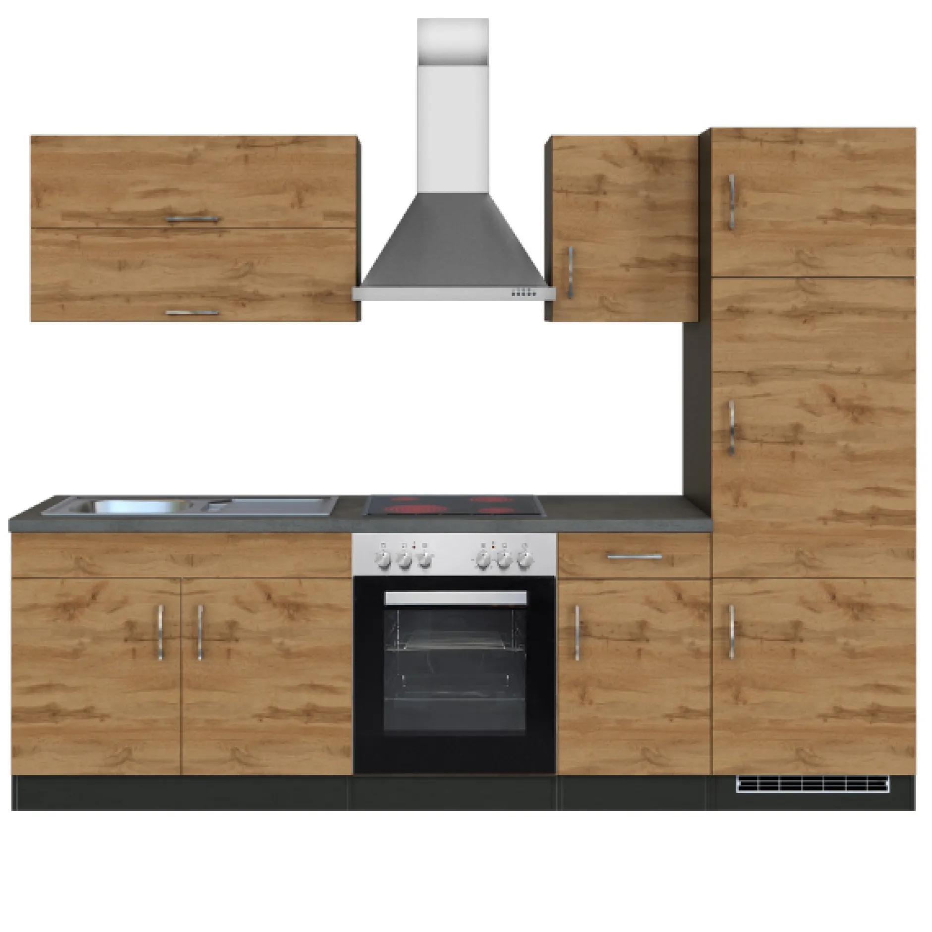Küchenzeile Sorrella 270cm mit Backofen und Kühlschrank - Eiche/Graphit