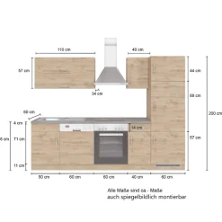 Küchenzeile Sorrella 270cm mit Backofen, Geschirrspüler und Kühlschrank - Eiche/Graphit