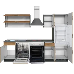 Küchenzeile Sorrella 270cm mit Backofen, Geschirrspüler und Kühlschrank - Eiche/Graphit