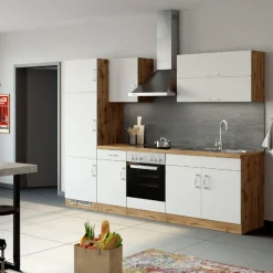 Küchenzeile Sorrella 270cm mit Backofen und Kühlschrank - weiß/Eiche