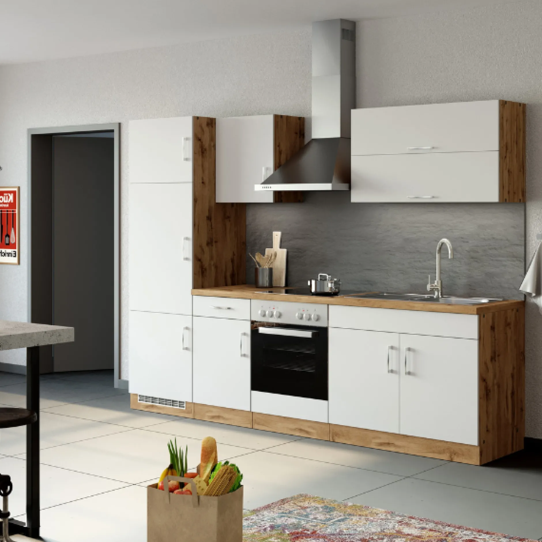 Küchenzeile Sorrella 270cm mit Backofen und Kühlschrank - weiß/Eiche