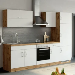 Küchenzeile Sorrella 270cm mit Backofen und Kühlschrank - weiß/Eiche