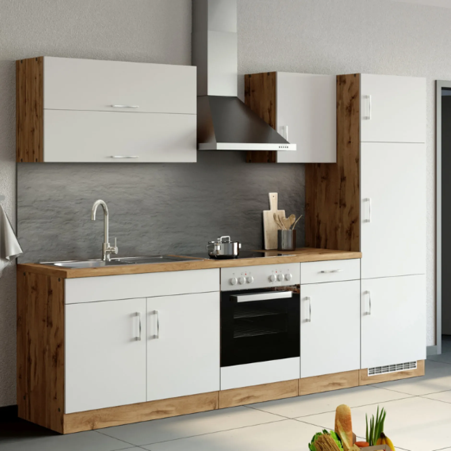 Küchenzeile Sorrella 270cm mit Backofen und Kühlschrank - weiß/Eiche