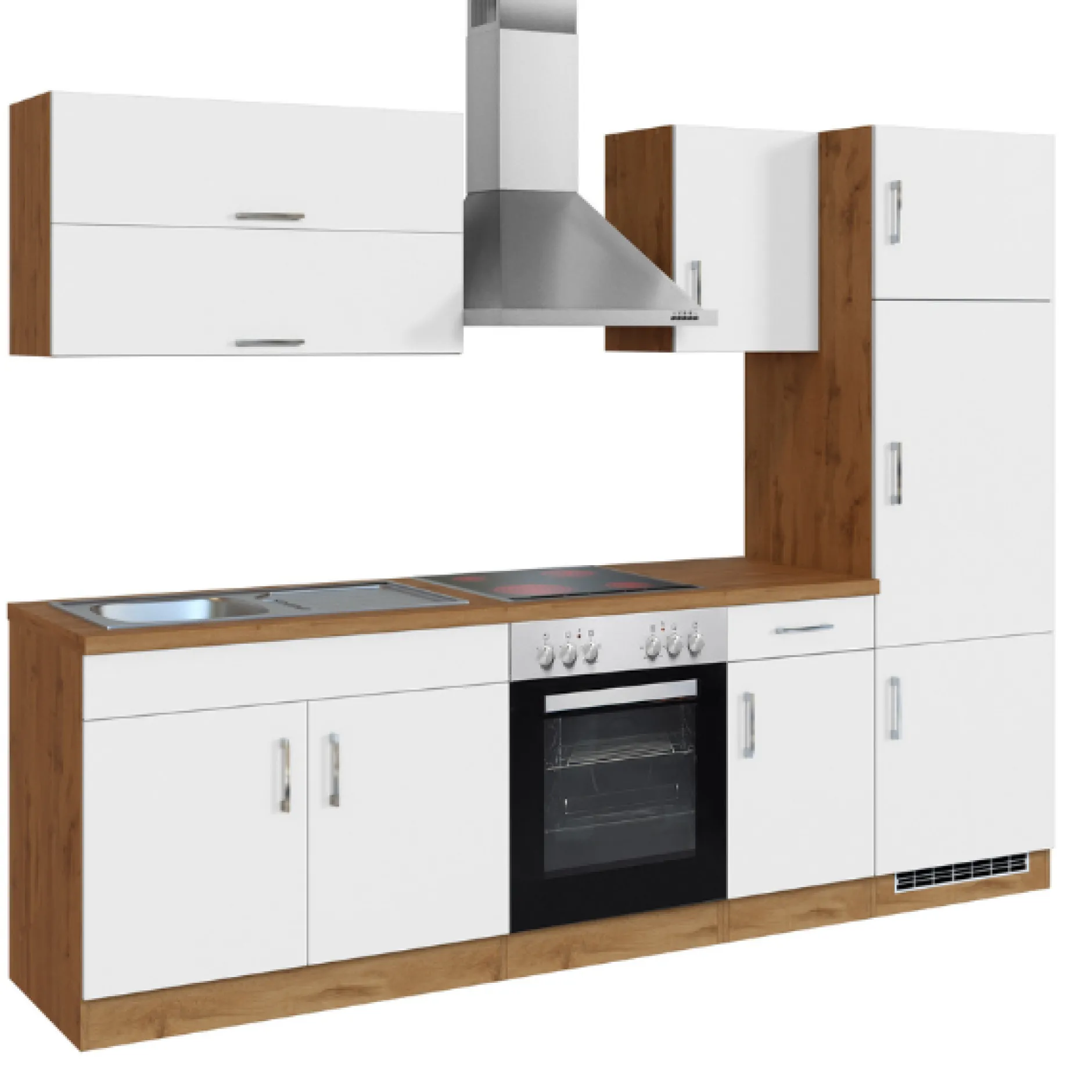 Küchenzeile Sorrella 270cm mit Backofen und Kühlschrank - weiß/Eiche