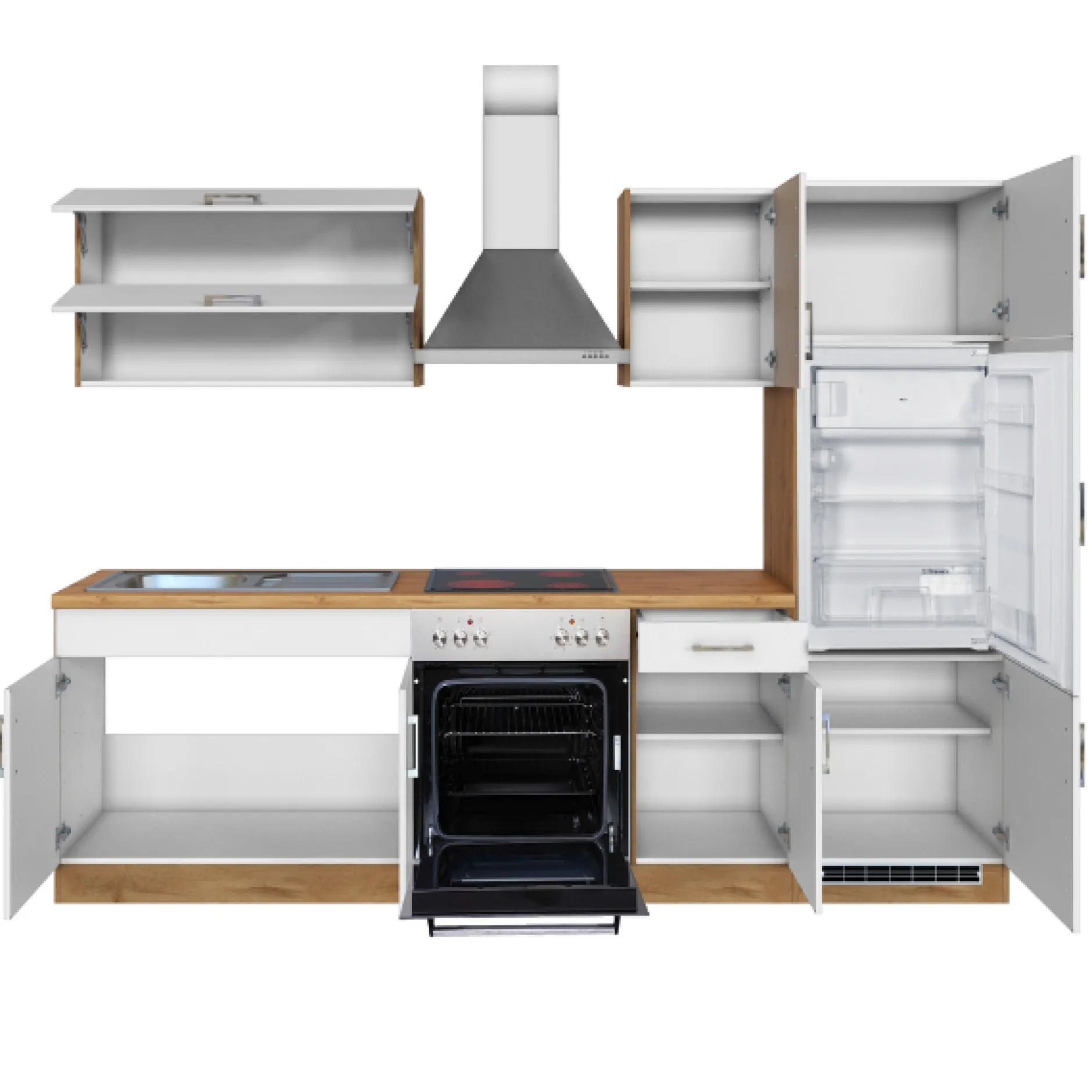 Küchenzeile Sorrella 270cm mit Backofen und Kühlschrank - weiß/Eiche