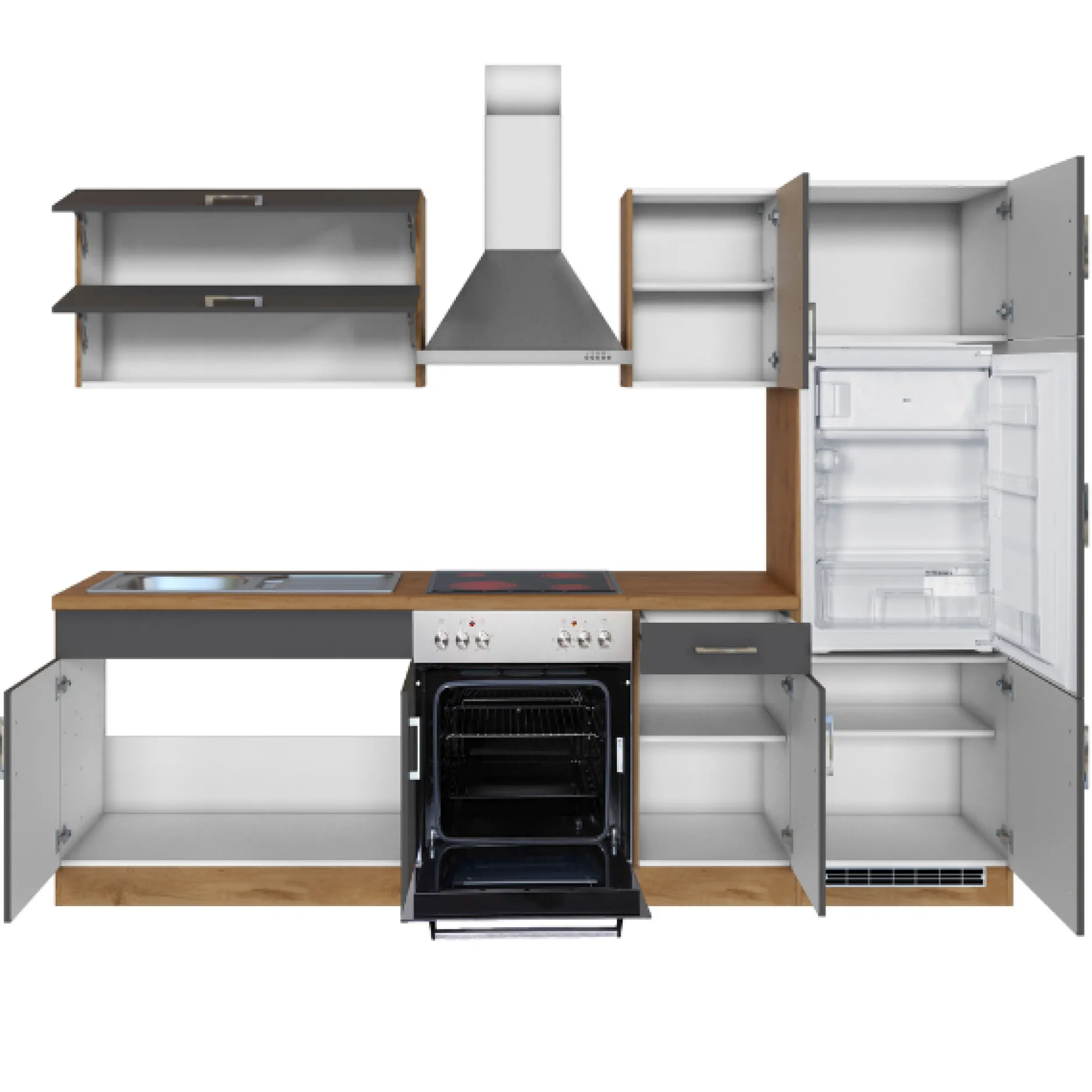Küchenzeile Sorrella 270cm mit Backofen und Kühlschrank - anthrazit/ocker