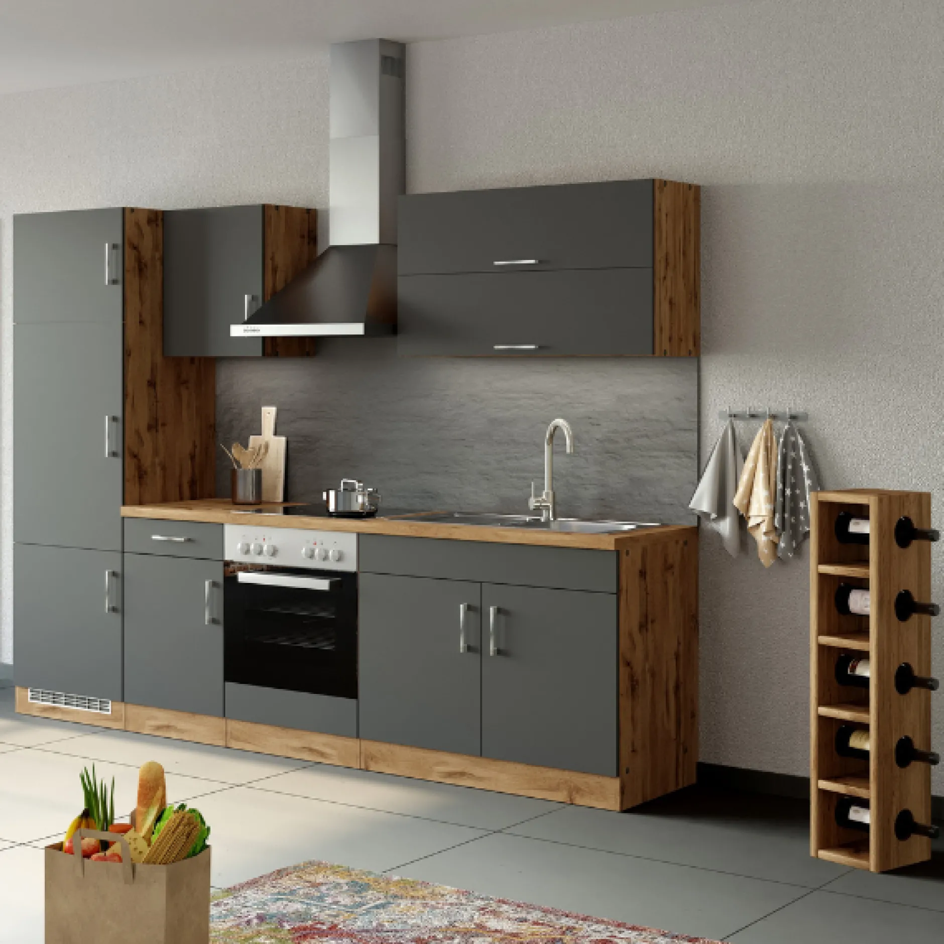Küchenzeile Sorrella 270cm mit Backofen und Kühlschrank - anthrazit/ocker